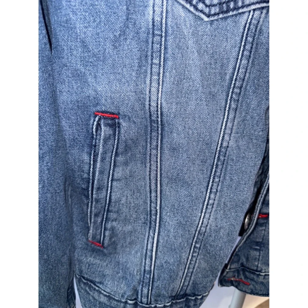 True Religion Mens Denim Trucker Jacket Blue Red Horseshoe Logo World Tour siz M
